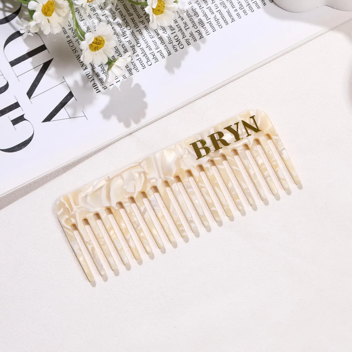 Custom Tortoise Hair Comb, Initials Name Acetate Detangling Comb, Marble-Inspired Travel-Friendly Pocket Comb, Wedding Bridesmaids Gift