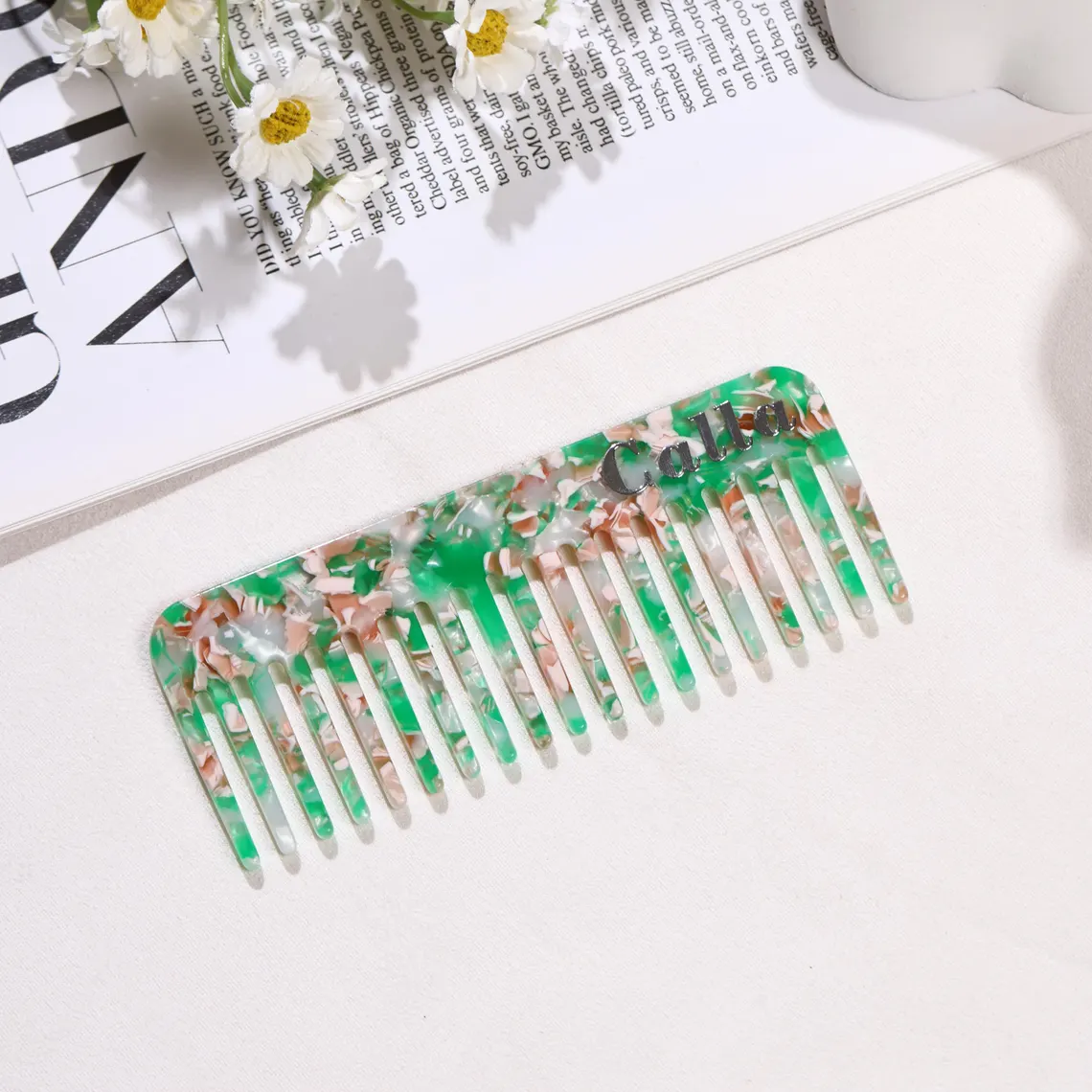 Custom Tortoise Hair Comb, Initials Name Acetate Detangling Comb, Marble-Inspired Travel-Friendly Pocket Comb, Wedding Bridesmaids Gift