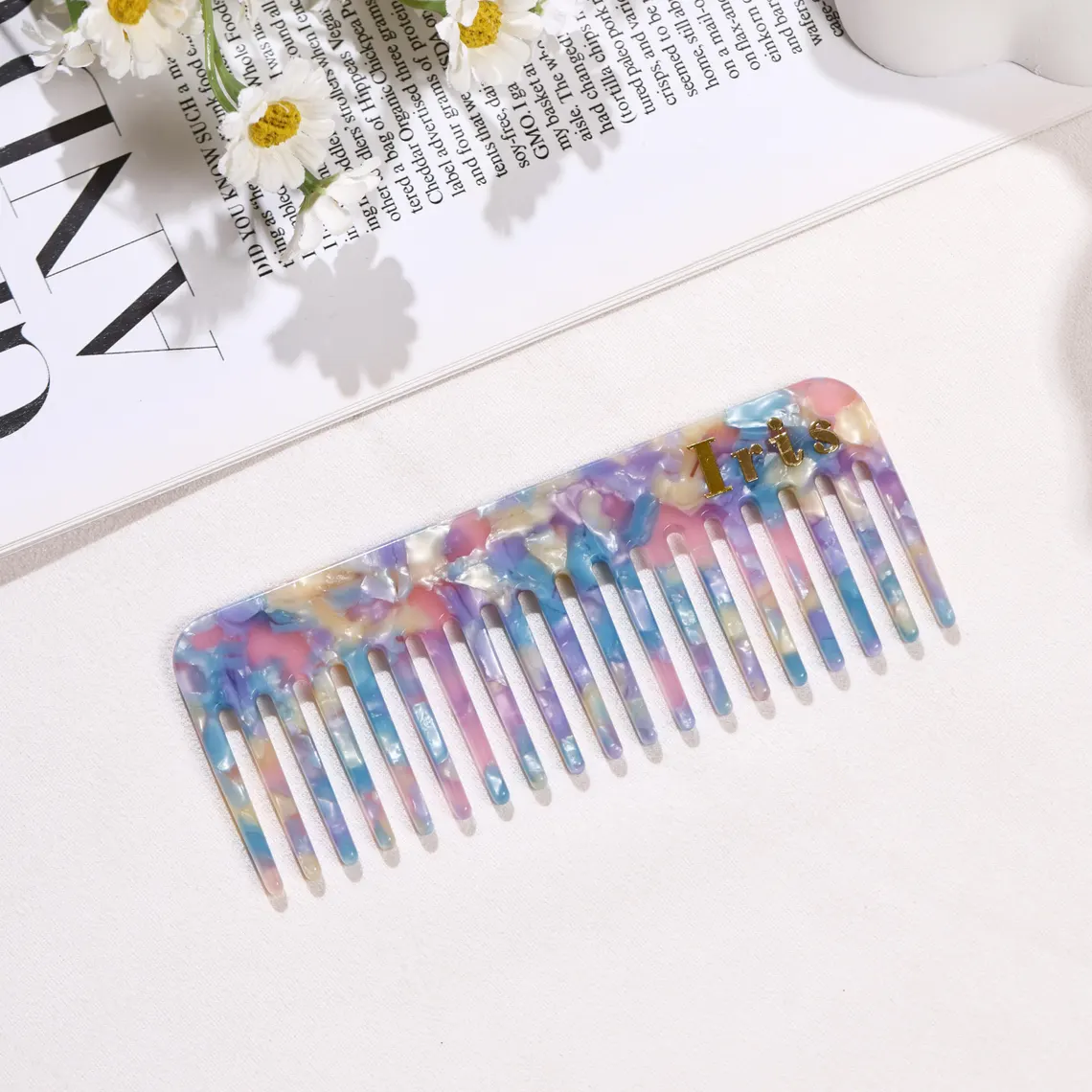 Custom Tortoise Hair Comb, Initials Name Acetate Detangling Comb, Marble-Inspired Travel-Friendly Pocket Comb, Wedding Bridesmaids Gift