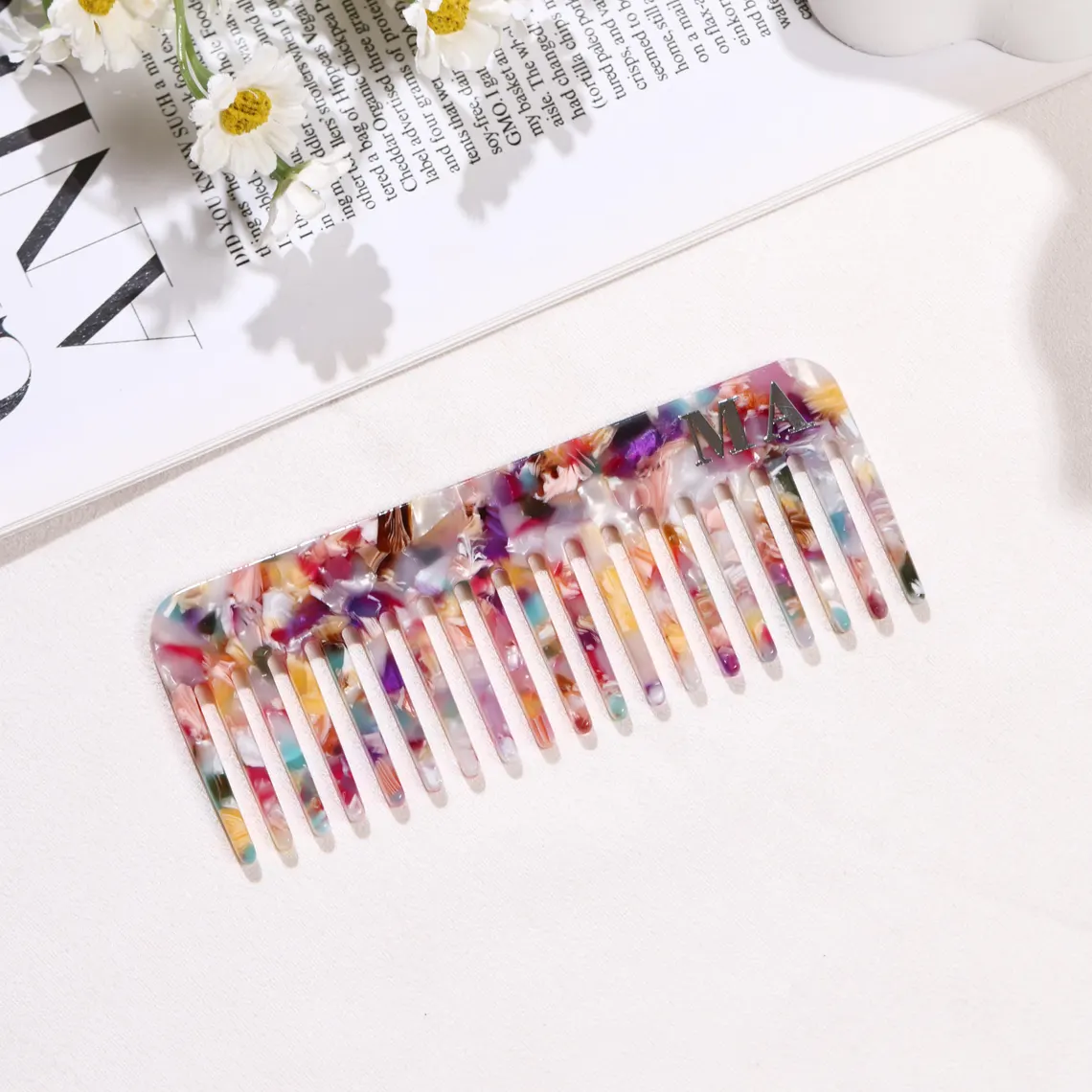 Custom Tortoise Hair Comb, Initials Name Acetate Detangling Comb, Marble-Inspired Travel-Friendly Pocket Comb, Wedding Bridesmaids Gift