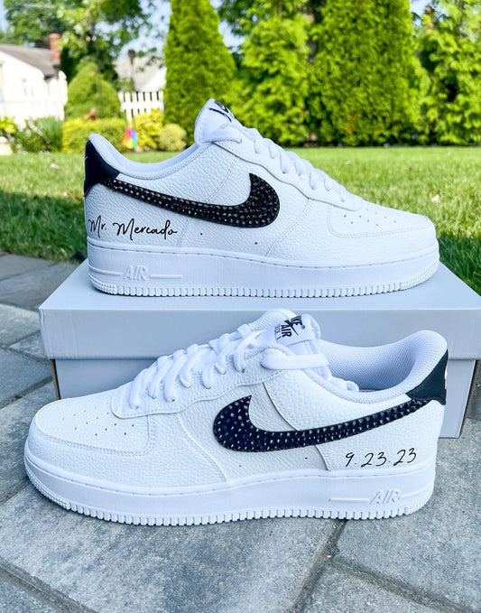 Personalized Wedding Sneakers: Black Rhinestone Nike Air Force 1 for Groom