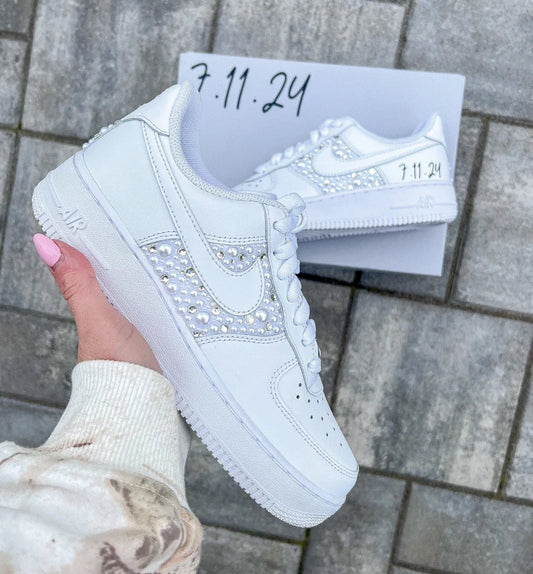 Personalized Bridal Nike Air Force 1 Sneakers: Rhinestone & Pearl Wedding Shoes