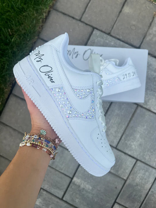 Personalized Bridal Nike Air Force 1 Sneakers White iridescent Rhinestone & white Pearl Wedding Shoes