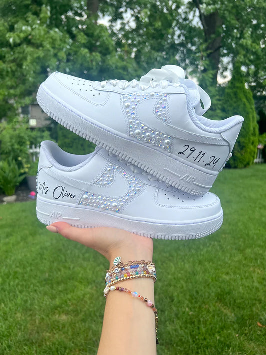 Youth Wedding Sneakers: Personalized white irridescent Rhinestone and white Pearl Nike Air Force 1
