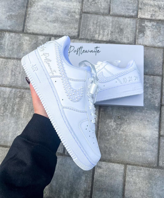 Personalized Pearl Wedding Sneakers - Bridal Nike Air Force 1 Shoes