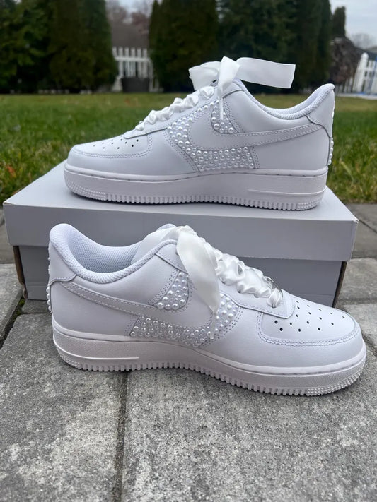 Personalized Bridal Nike Air Force 1 Sneakers White Pearl Wedding Shoes