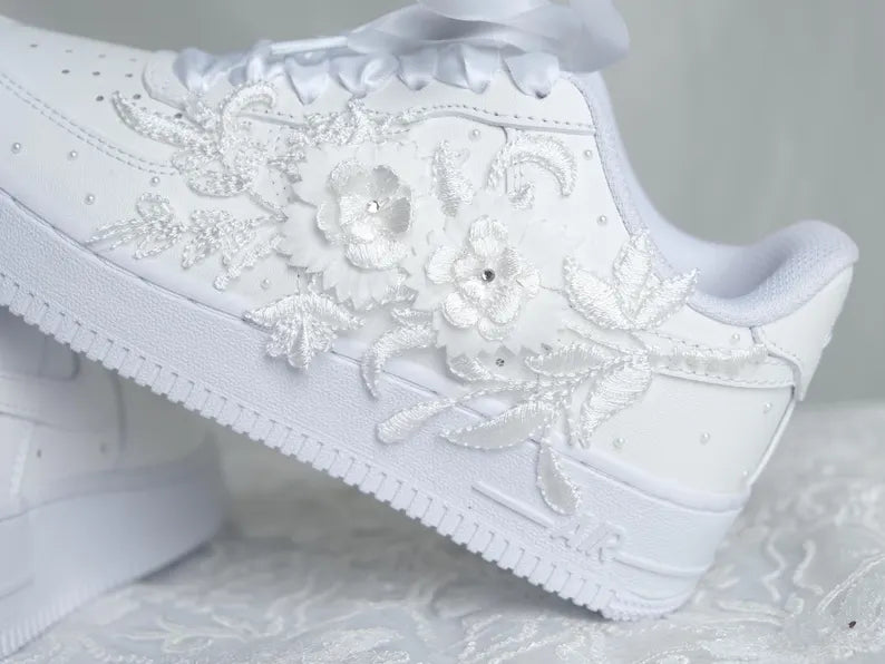 Custom Pearl Lace Wedding Nike AF1 Sneakers with 3D floral embroidery and delicate pearl details.