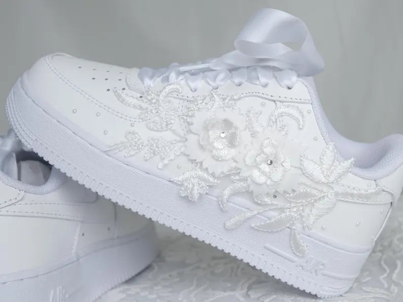 Custom Pearl Lace Wedding Nike AF1 Sneakers featuring delicate pearl embroidery and floral details for brides.