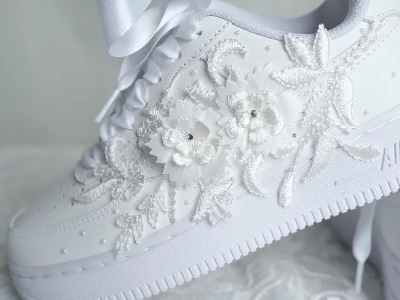 Custom Pearl Lace Wedding Nike AF1 Sneakers featuring delicate pearl embroidery and floral designs.