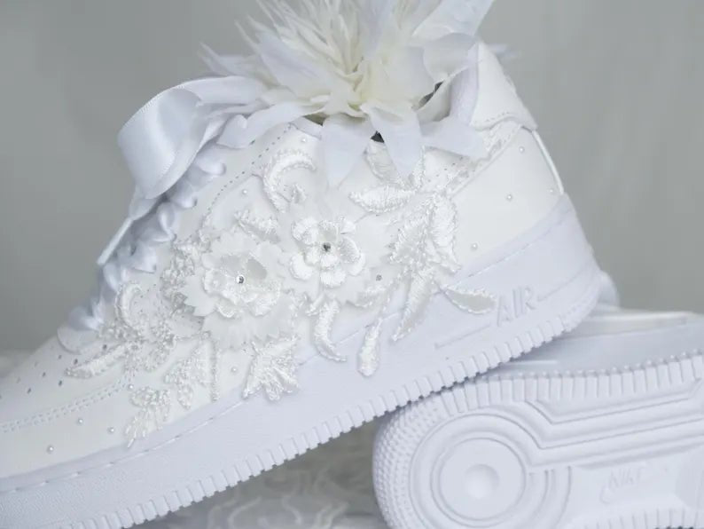 Custom Pearl Lace Wedding Nike AF1 Sneakers featuring elegant pearl embroidery and floral details.