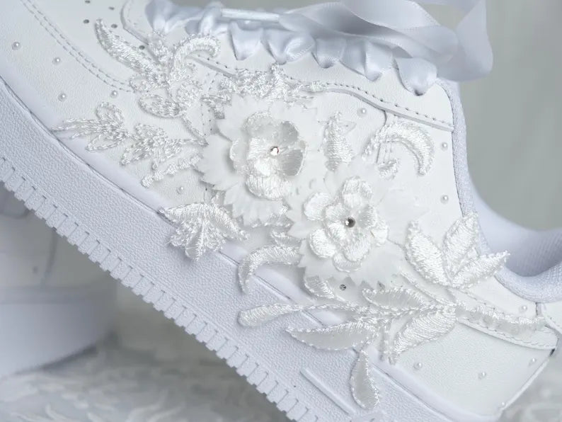 Custom Pearl Lace Wedding Nike AF1 Sneakers with pearl embroidery and floral details for brides.
