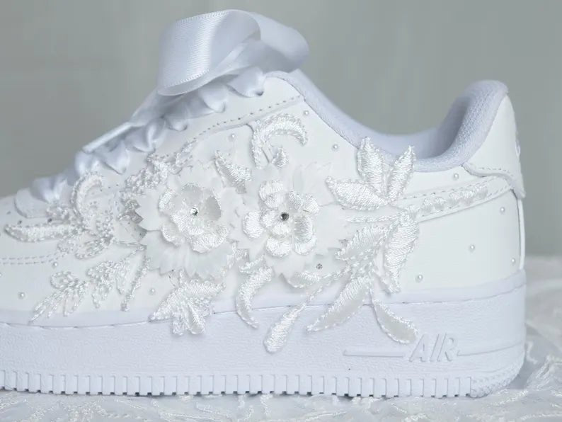 Custom Pearl Lace Wedding Nike AF1 Sneakers with 3D floral design and pearl embroidery for brides.