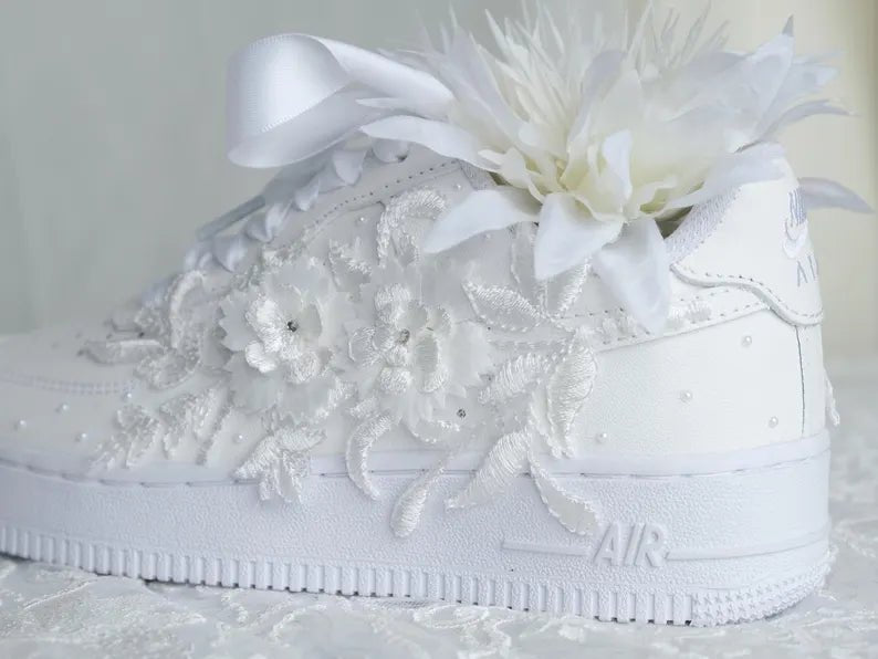 Custom Pearl Lace Wedding Nike AF1 Sneakers with floral embellishments and pearl details, perfect for brides.