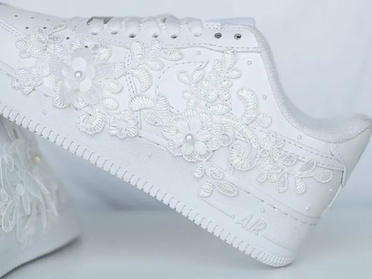 Handmade Pearl Lace Wedding Nike Air Force 1 Sneakers – Floral Bridal Shoes